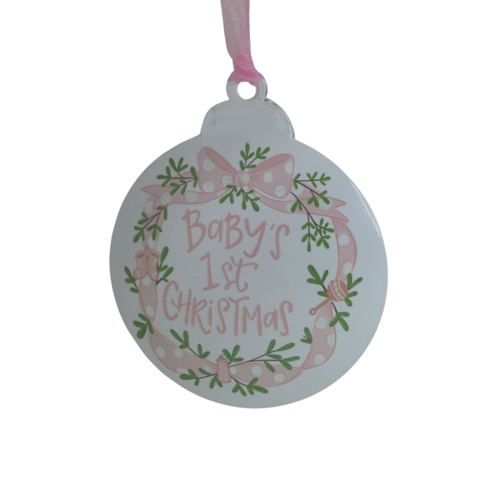 BABY'S FIRST CHRISTMAS PINK METAL ORNAMENT