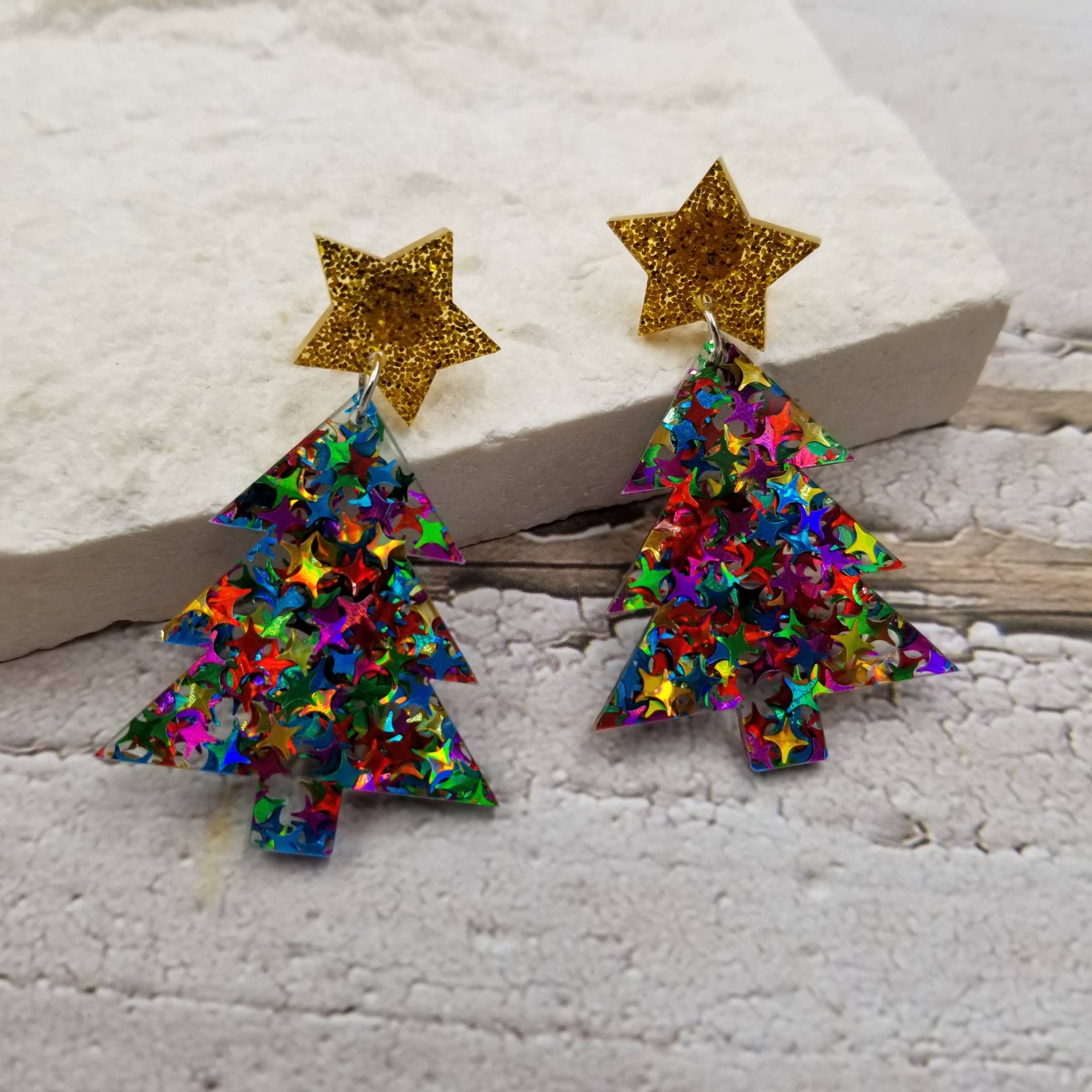 Confetti Star Christmas Tree Earrings - 3 Color