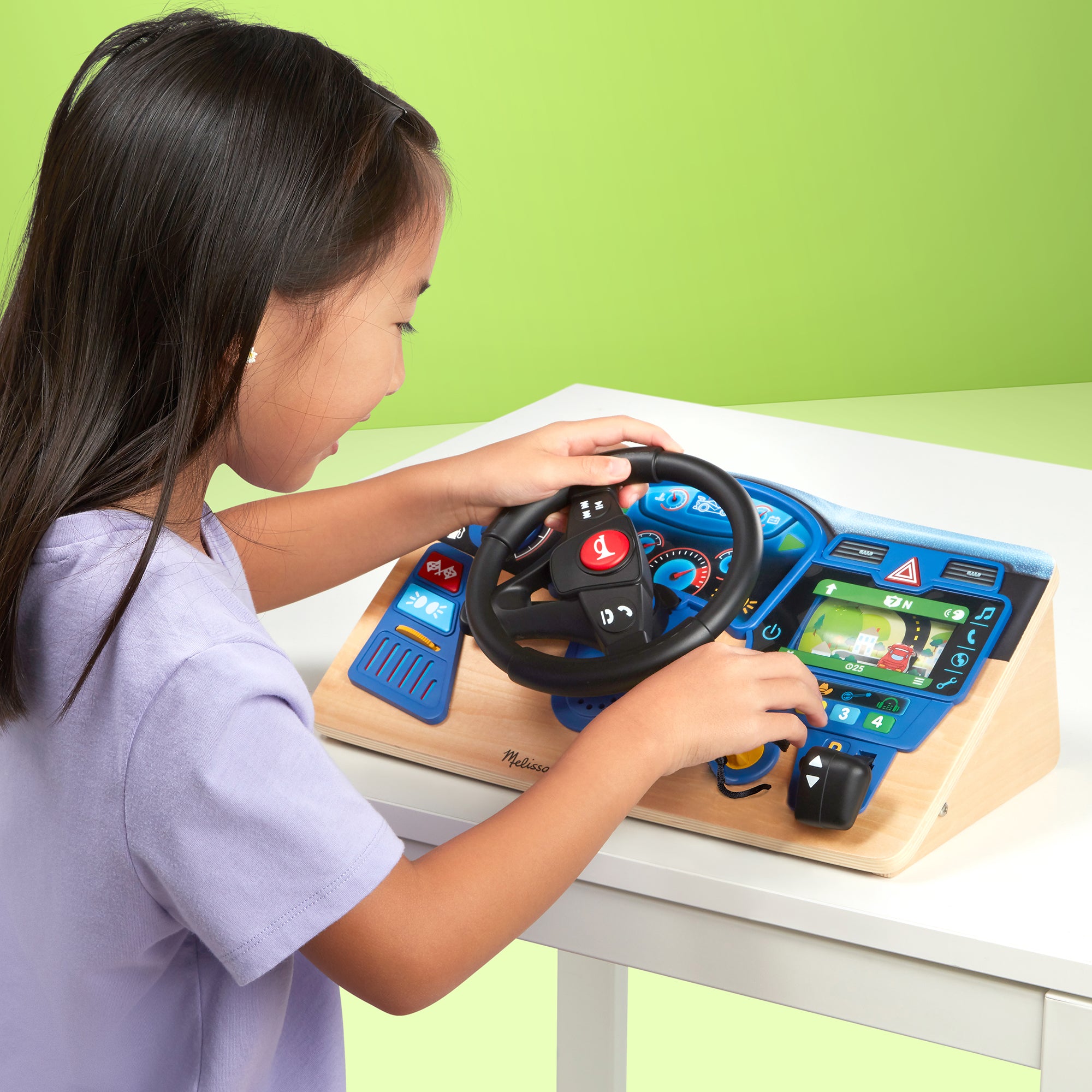 Melissa & Doug Vroom & Zoom Interactive Wooden Dashboard Steering Wheel Pretend Play Driving Toy - FSC Certified