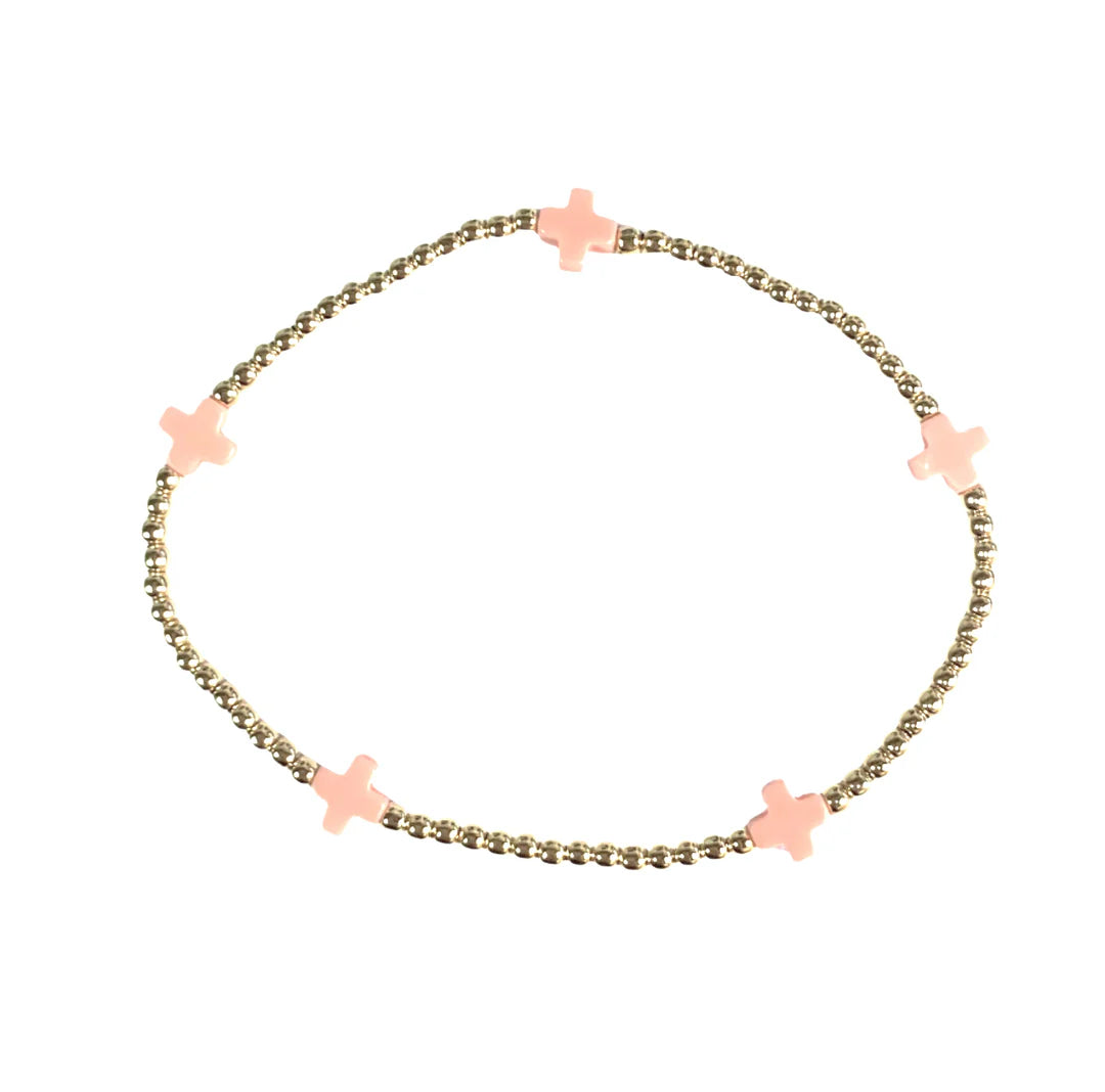 egirl signature cross small gold pattern 2mm bead bracelet - pink by enewton