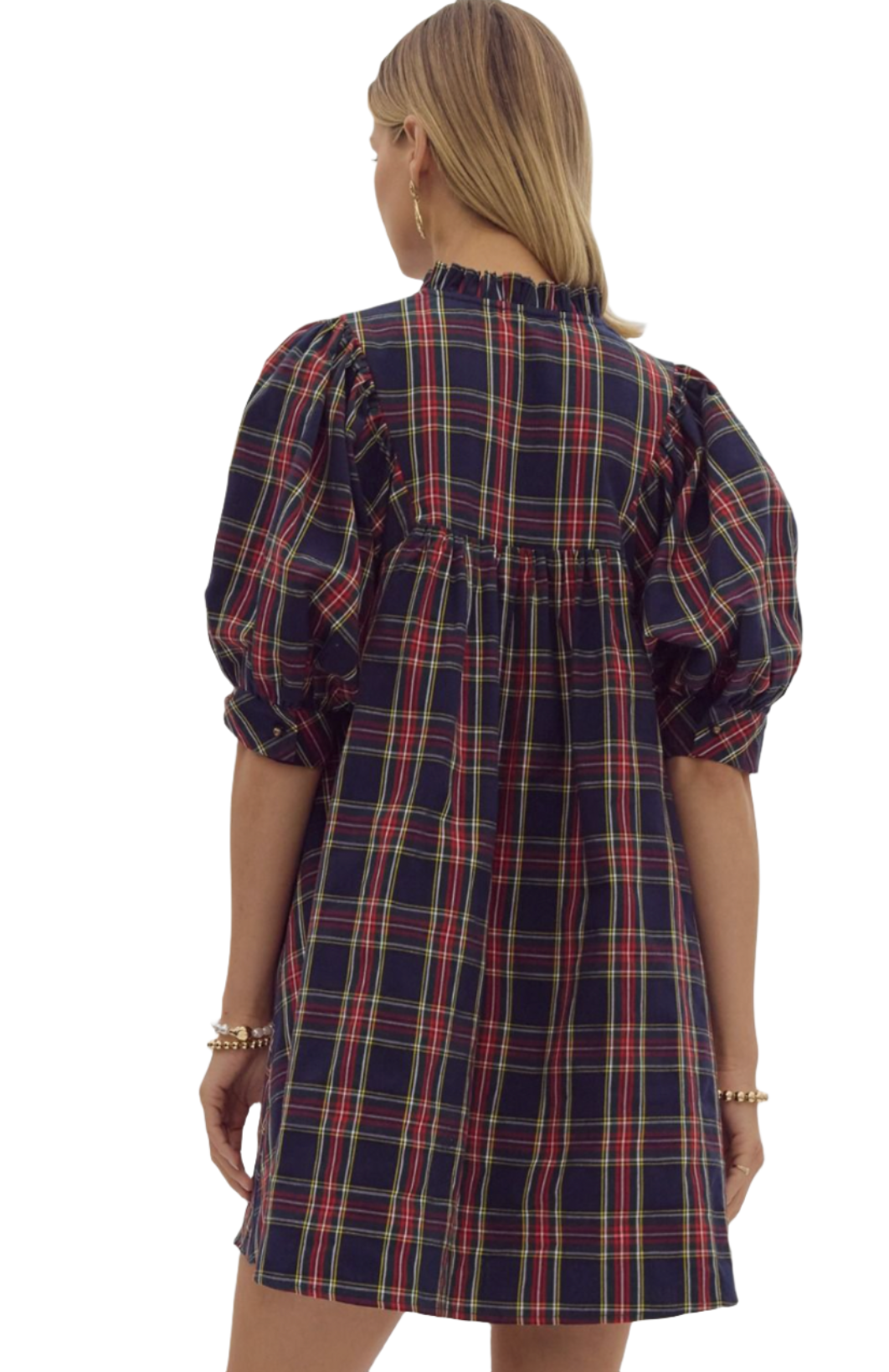 Plaid V-Neck Puff Mini Dress With Pockets - A. Dodson's