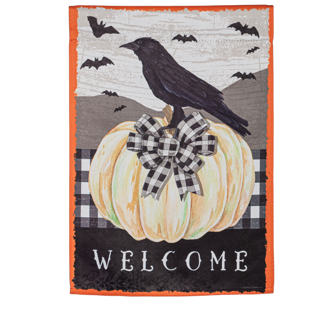 White Pumpkin with Black Crow Garden Suede Flag - A. Dodson's