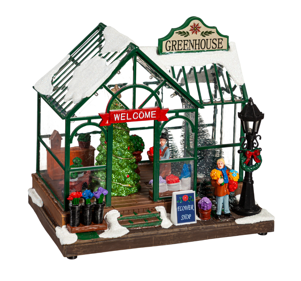 8" LED Christmas Greenhouse with Rotating Tree & Music Table Décor