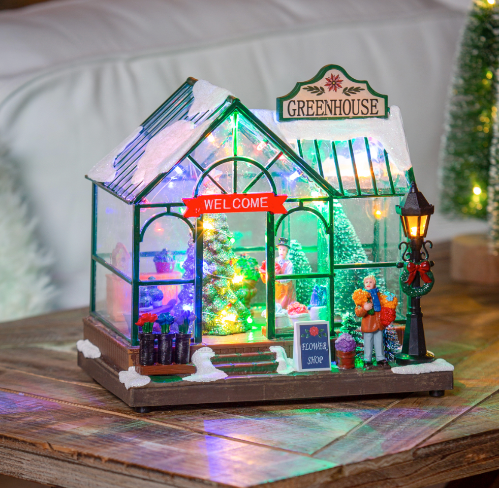 8" LED Christmas Greenhouse with Rotating Tree & Music Table Décor