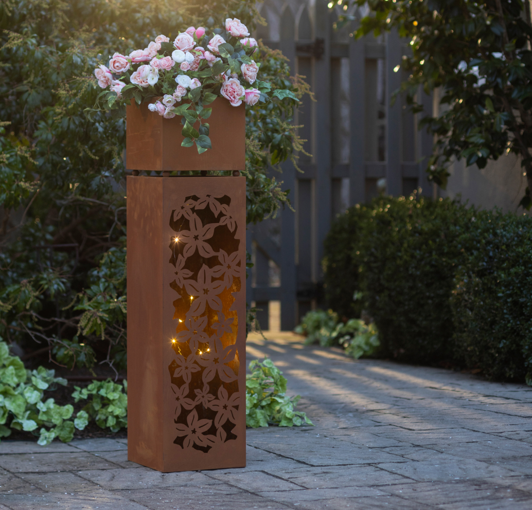 Tall Metal Planter With LED Lights, Floral - A. Dodson's