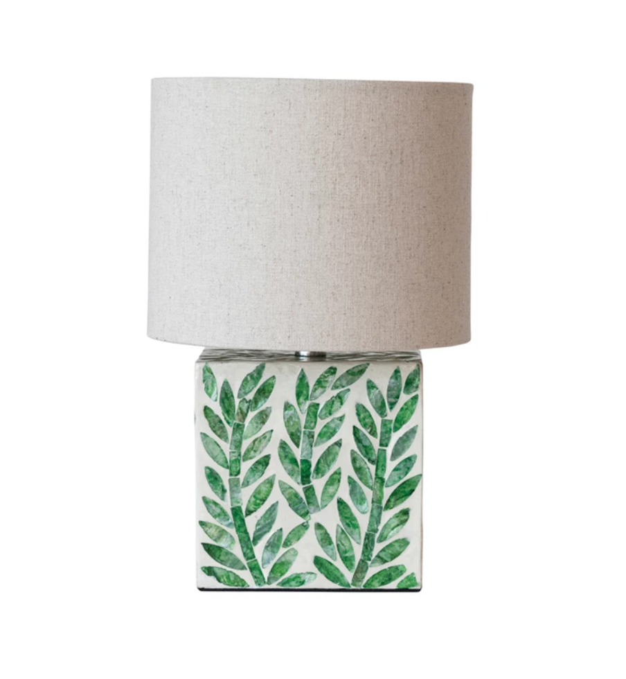 MDF & Mother of Pearl Table Lamp w/ Botanical Pattern, Linen Shade - A. Dodson's