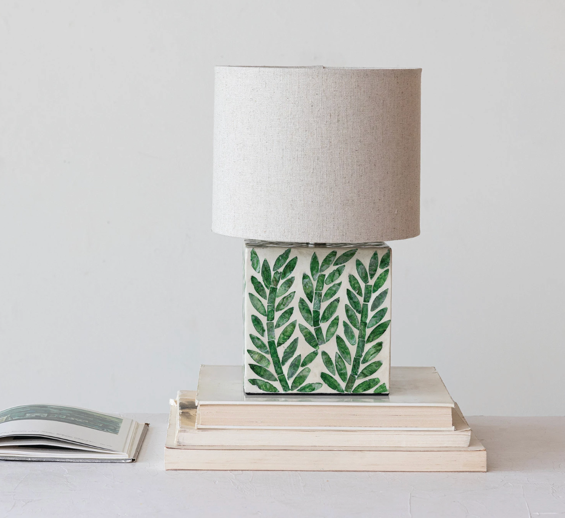 MDF & Mother of Pearl Table Lamp w/ Botanical Pattern, Linen Shade - A. Dodson's