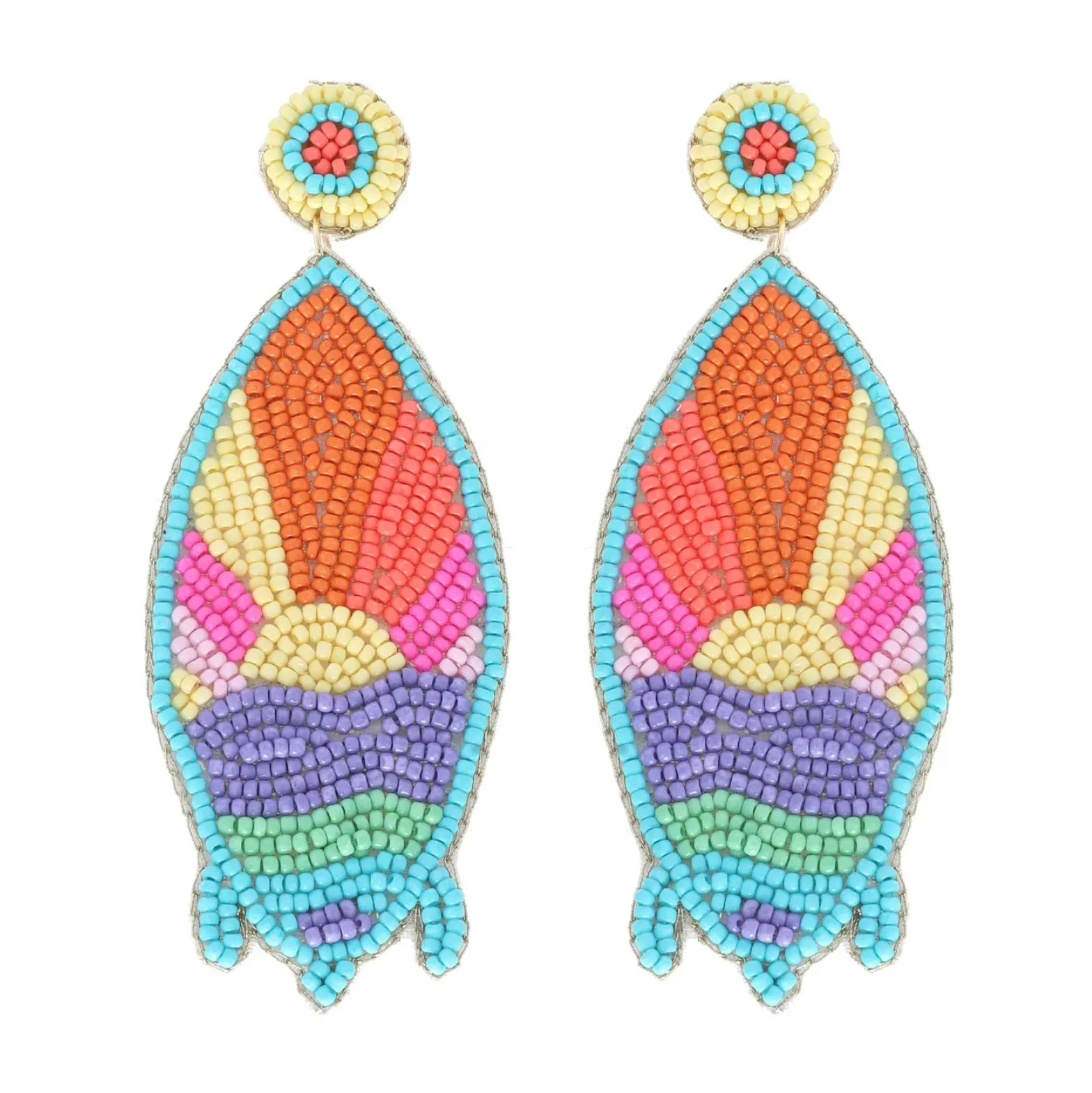 2 Tier Beaded Multicolor Sunset Surfboard Dangle Earrings - A. Dodson's