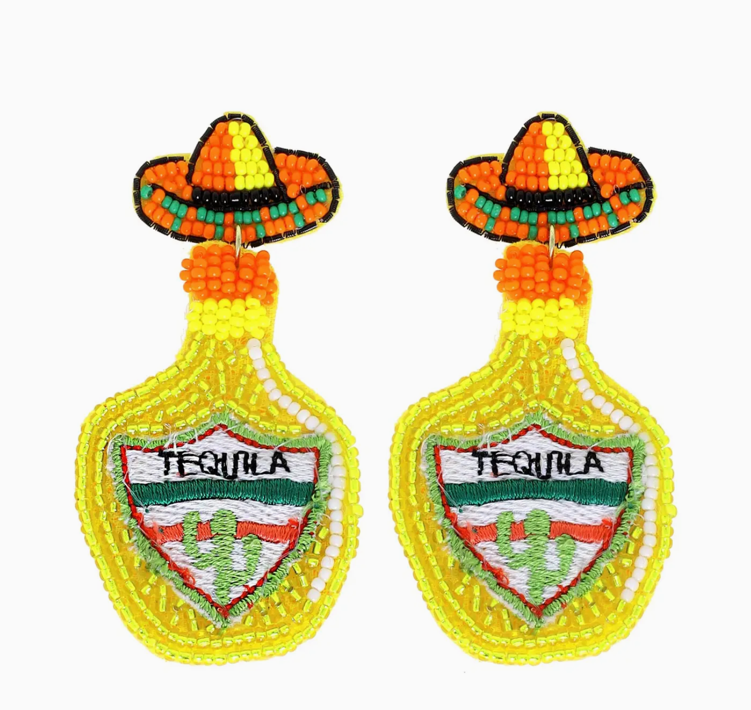 Seed Beaded Tequila Bottle w/ Sombrero Dangle Earrings - A. Dodson's