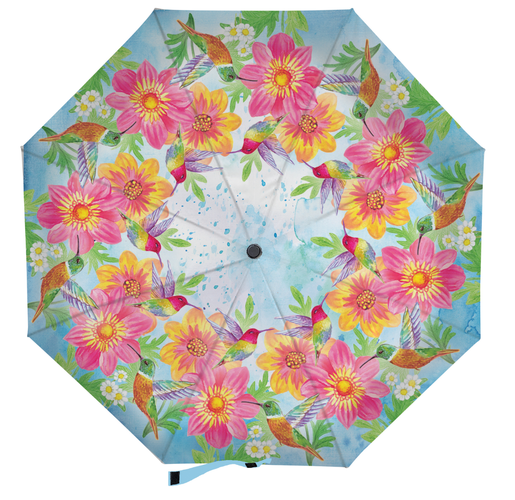 Colorful Hummingbird and Flowers Compact Manual Umbrella - A. Dodson's