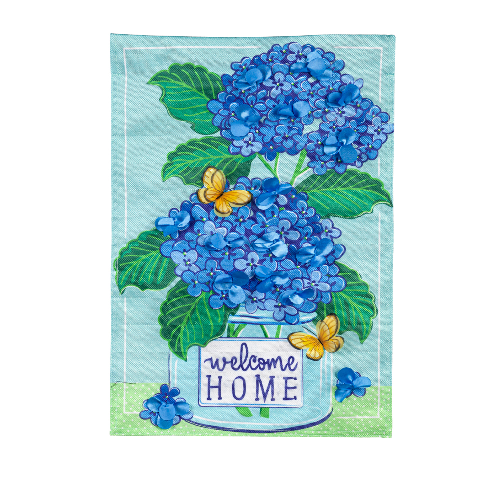 Welcome Home Hydrangeas Burlap Garden Flag - A. Dodson's