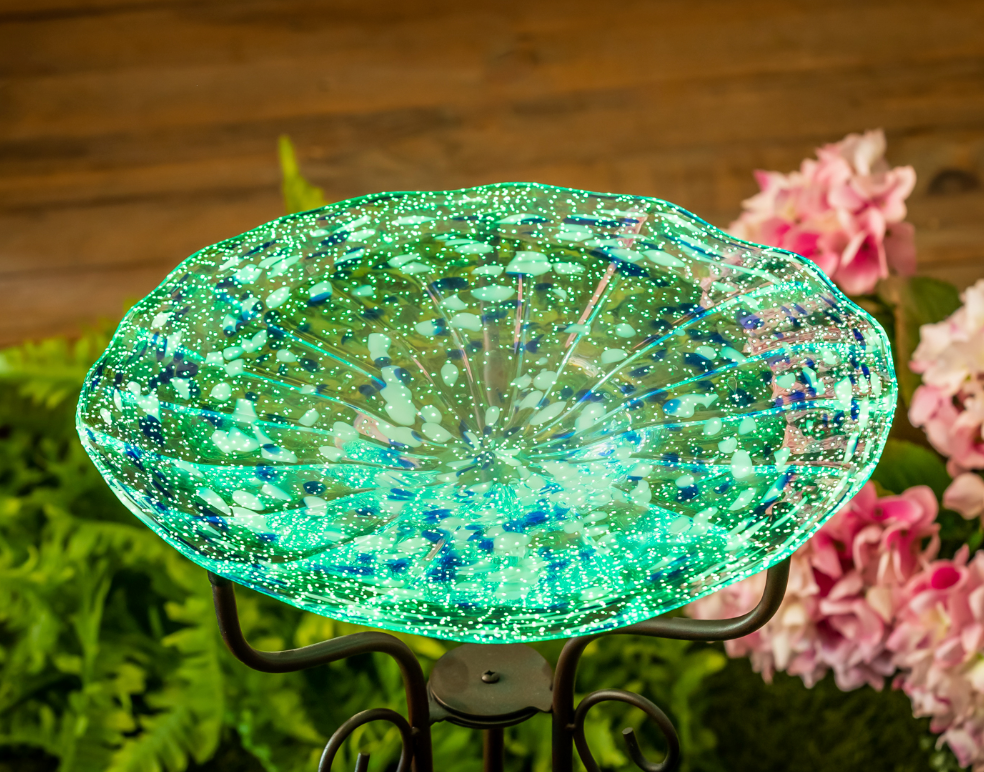 15" Glow In The Dark Glass Bird Bath, Blue