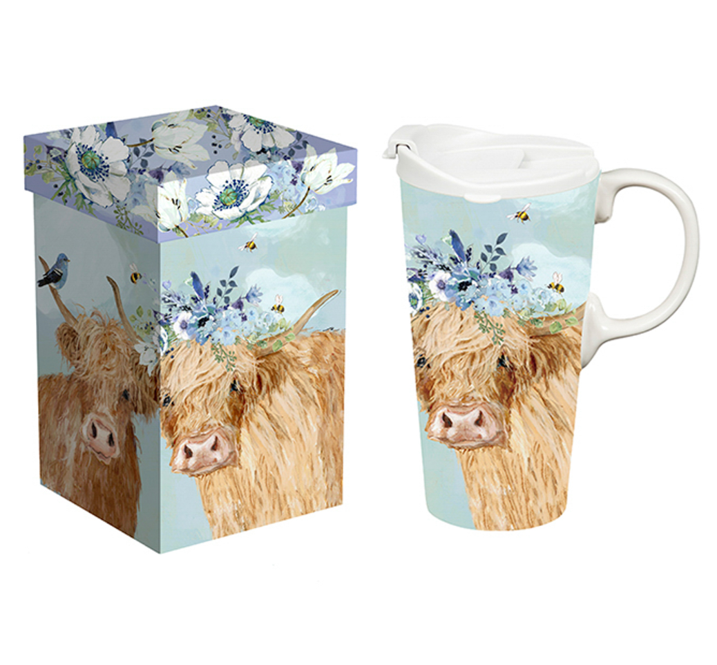 Ceramic Perfect Travel Cup, 17oz., w/ Gift Box, Brown Cows - A. Dodson's