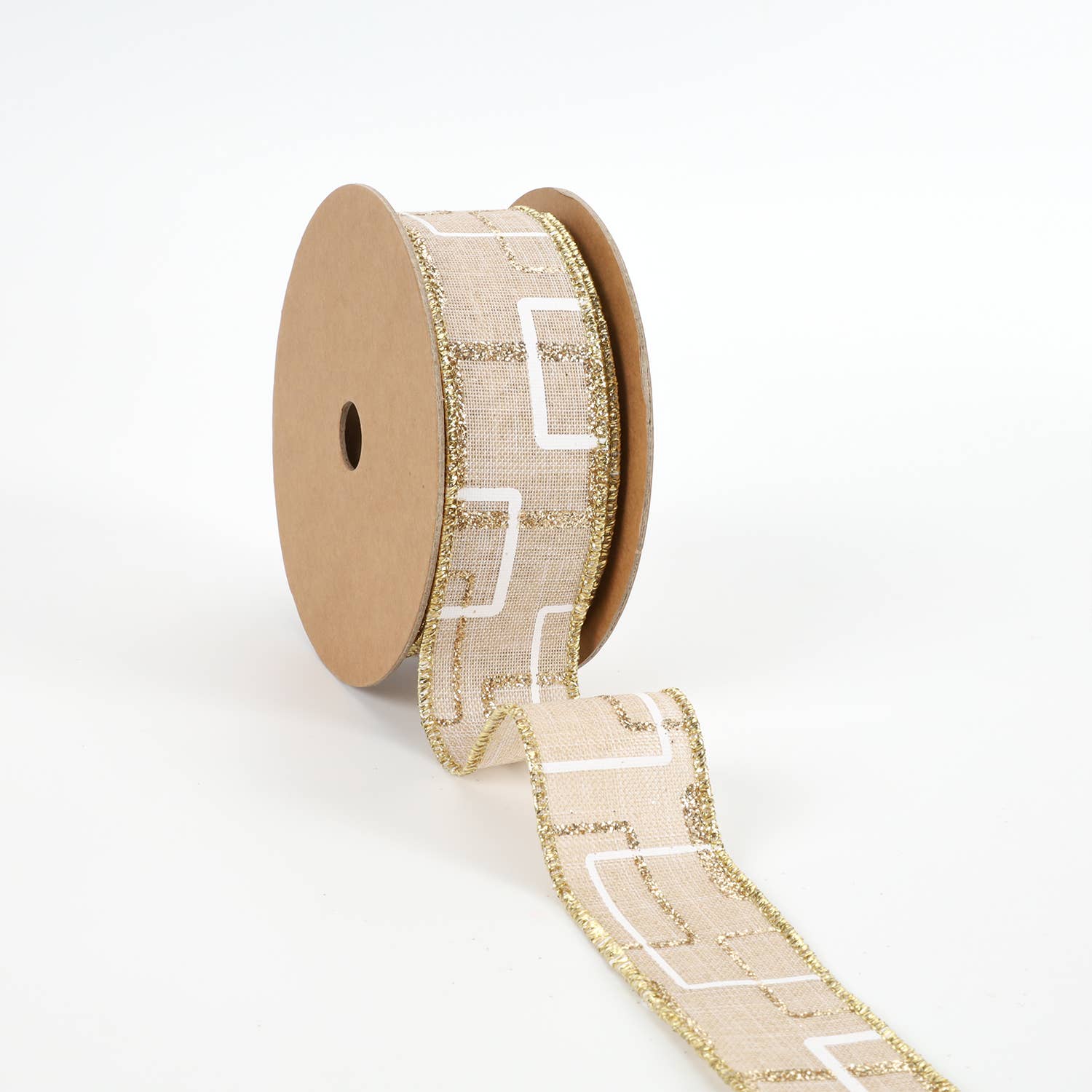 1 1/2" Wired Ribbon | "Glitter Geometric" Natural/Gold/White