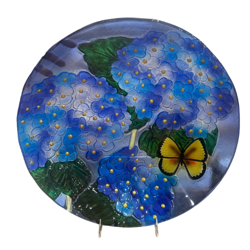 Handpainted Birdbath, Blue Hydrangea - A. Dodson's