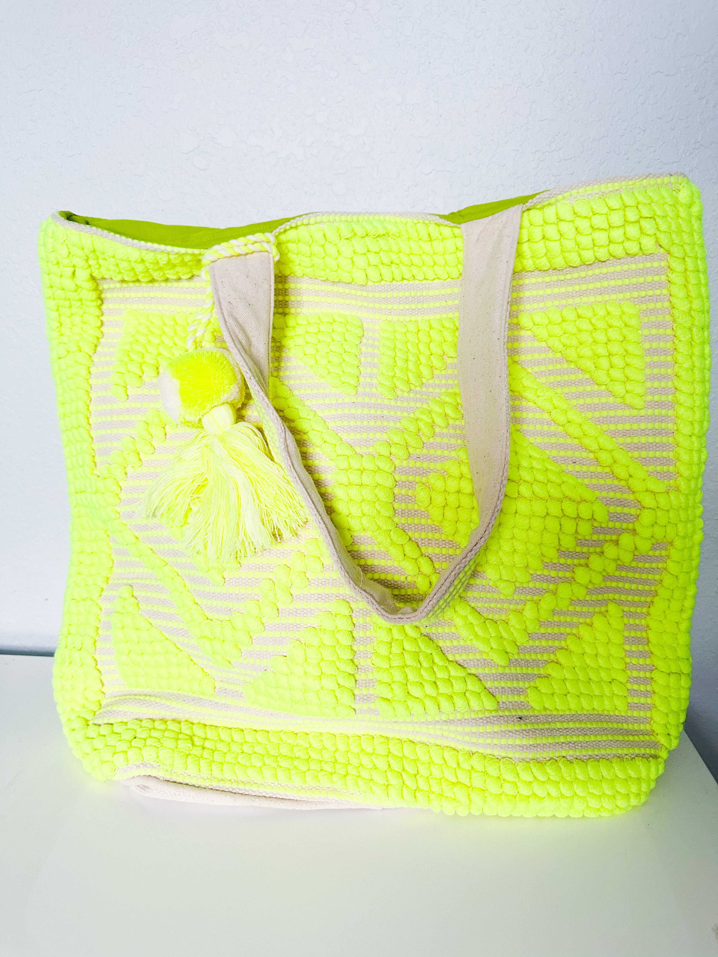 Boho Tribal Design Large Tote Bag - Neon Yellow - A. Dodson's