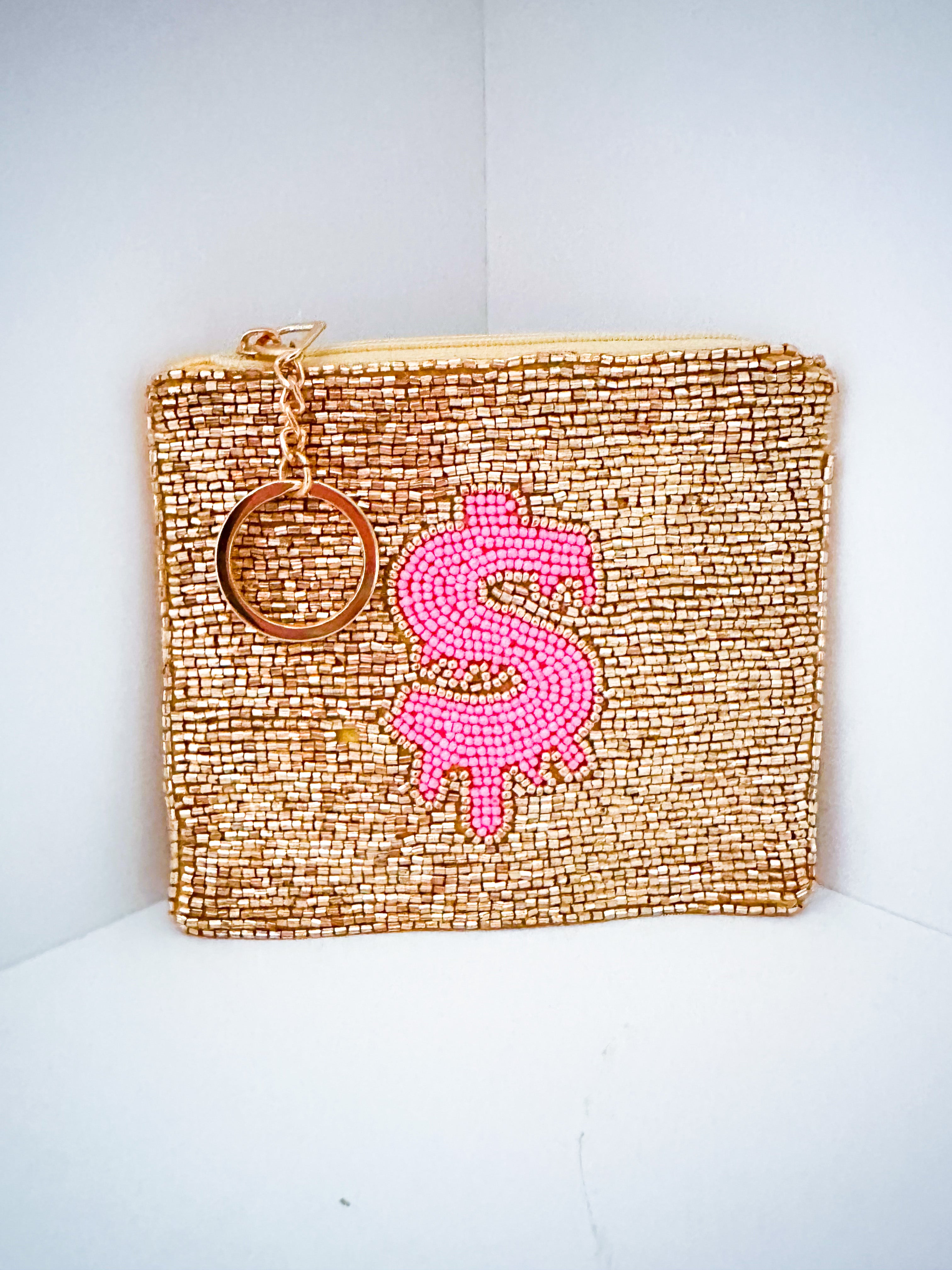 Pink and Gold Money Beaded Coin Purse Keychain - A. Dodson's