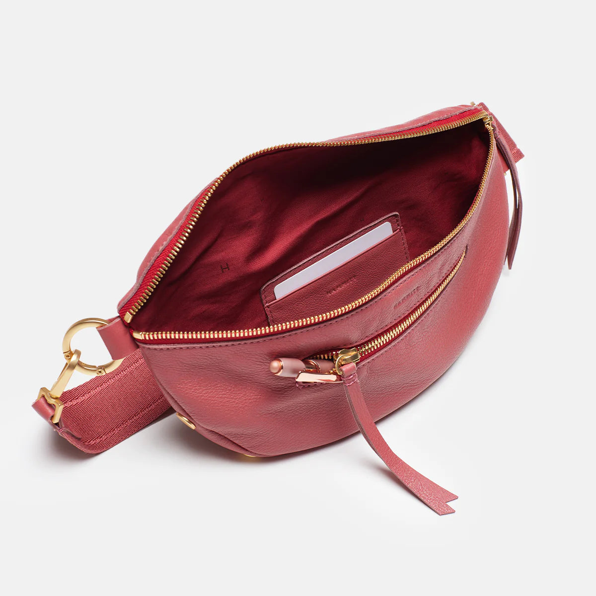 Hammitt Charles Leather Belt Bag in Rouge Pink/Brushed Gold/Red Zip - A. Dodson's