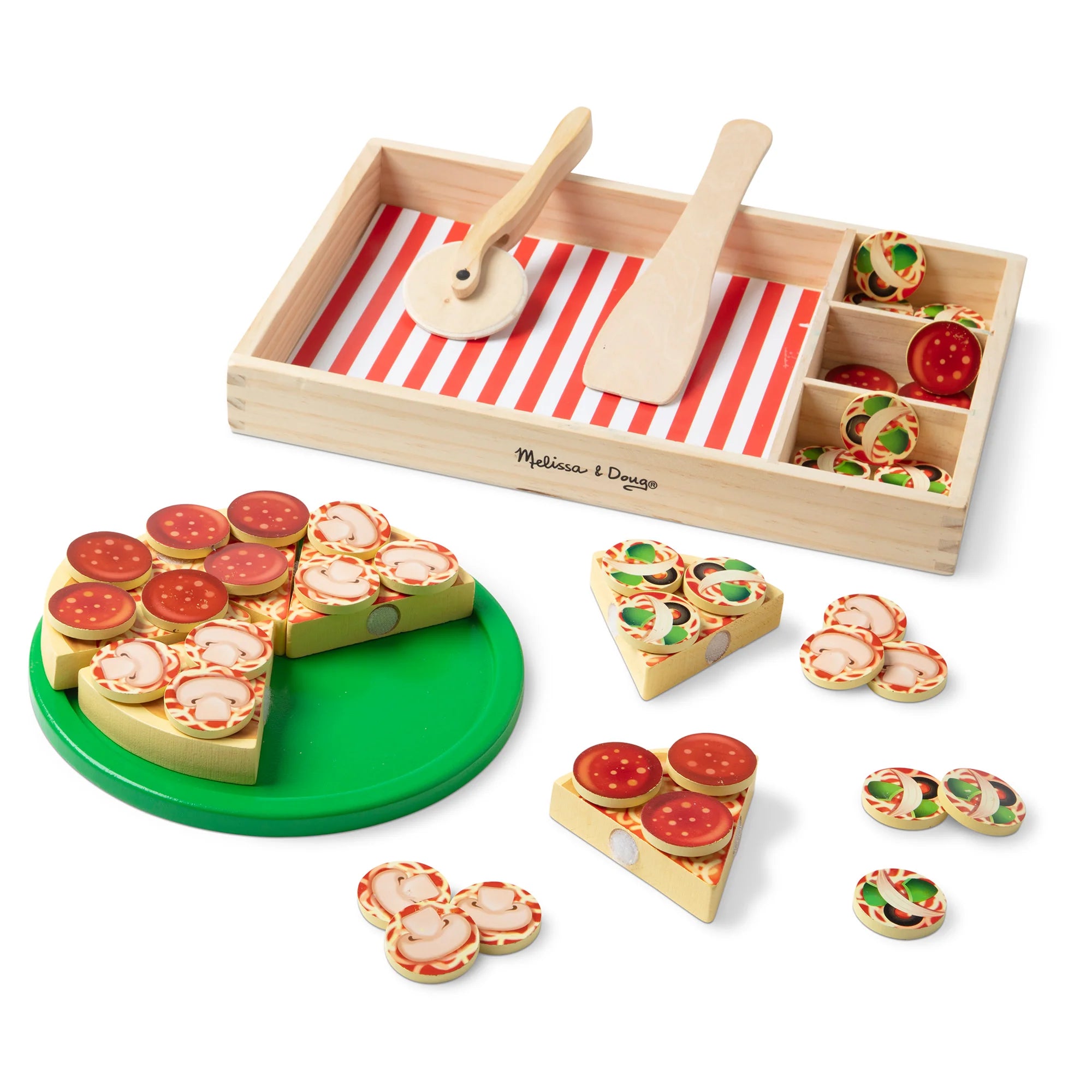 Melissa & Doug Pizza Party Wooden Pretend Play Food Set With 36 Toppings, Preschool Toy