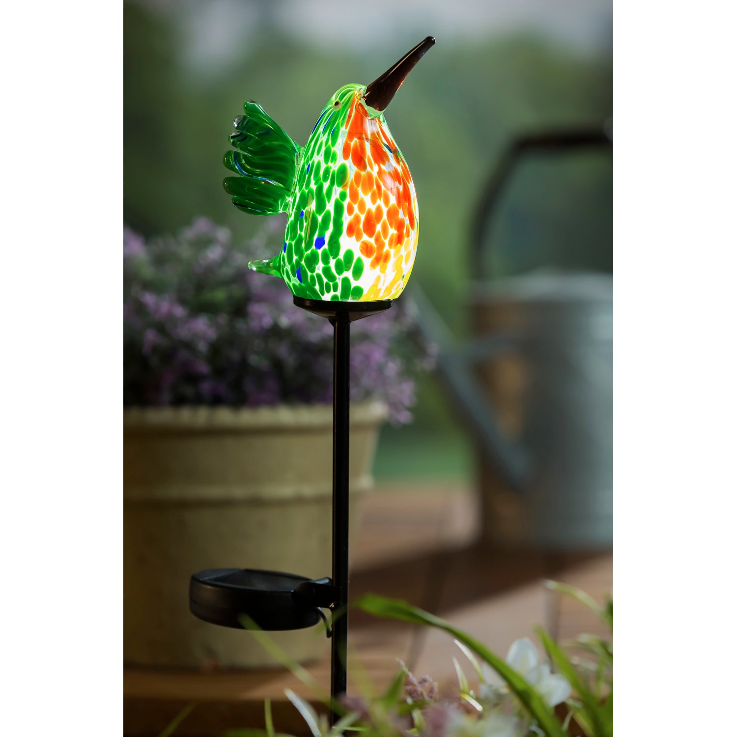 23"H Solar Art Glass Garden Stake, Hummingbird