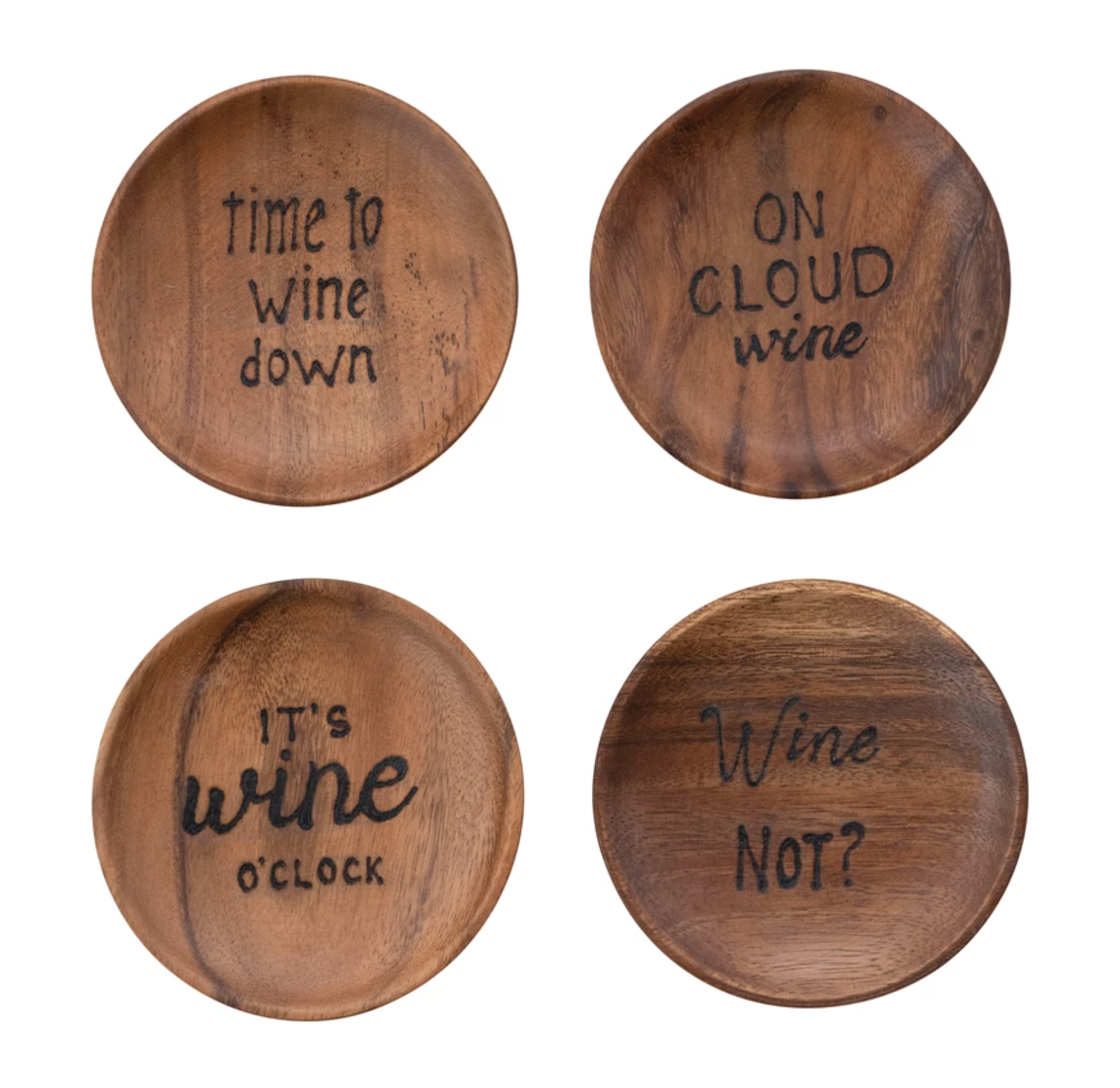 Acacia Wood Tapas Plates with Burned Wine Saying, Set of 4 - A. Dodson's