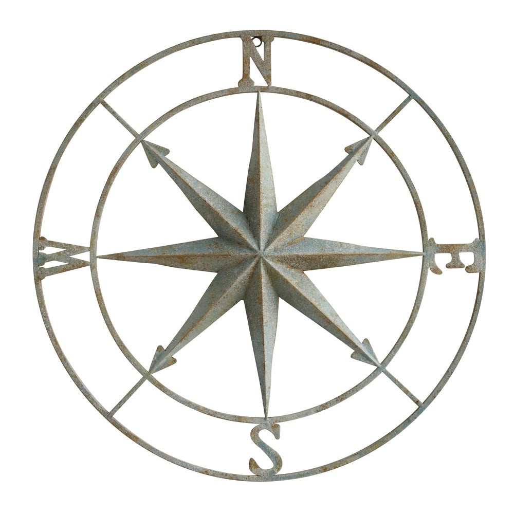 41" Round Metal Compass Wall Decor, Distressed Aqua