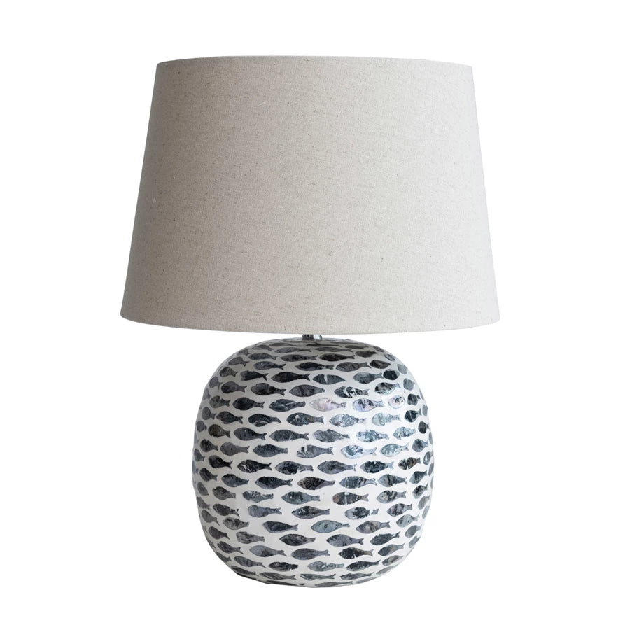 Capiz & Bamboo Table Lamp w/ Fish Pattern & Linen Shade, Blue & White - A. Dodson's