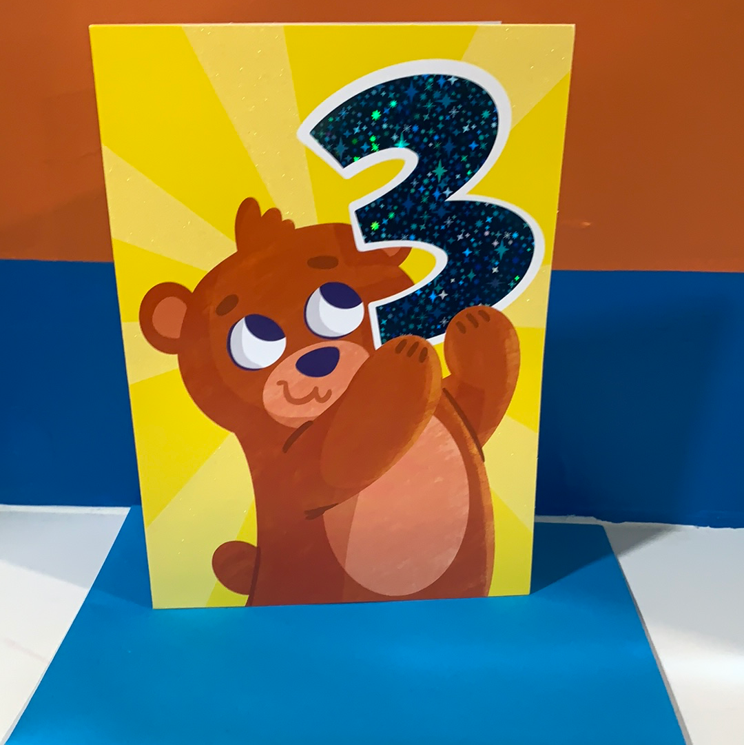 FOIL AND GLITTER - 3 YEAR OLD BEAR CARD - A. Dodson's